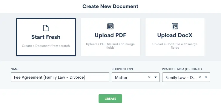 legal document automation options to create a new document: start fresh, upload PDF, upload DocX
