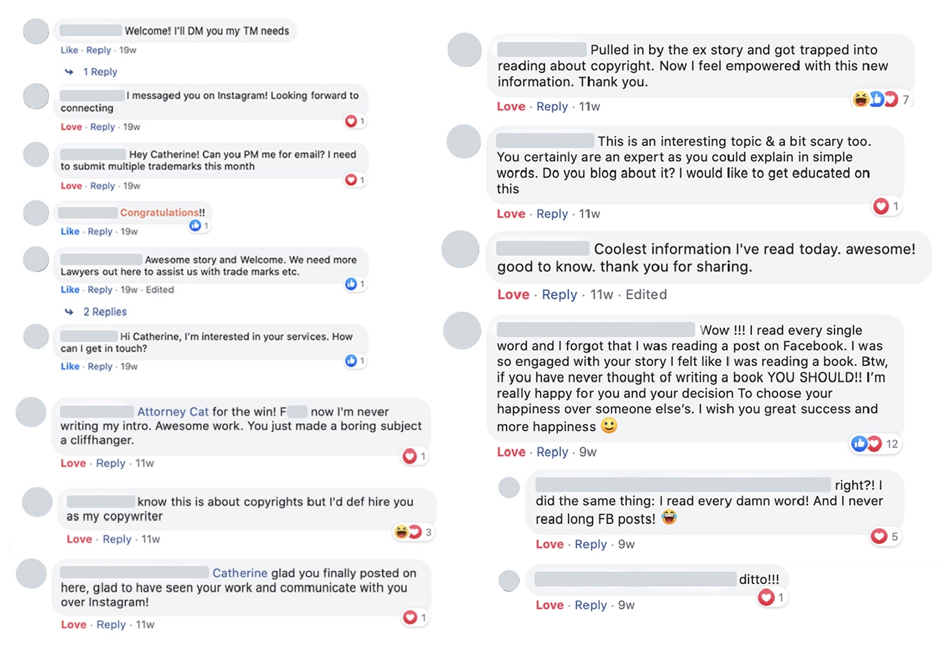 Comments seen below Catherine Tang's posts supporting her and asking for future content.