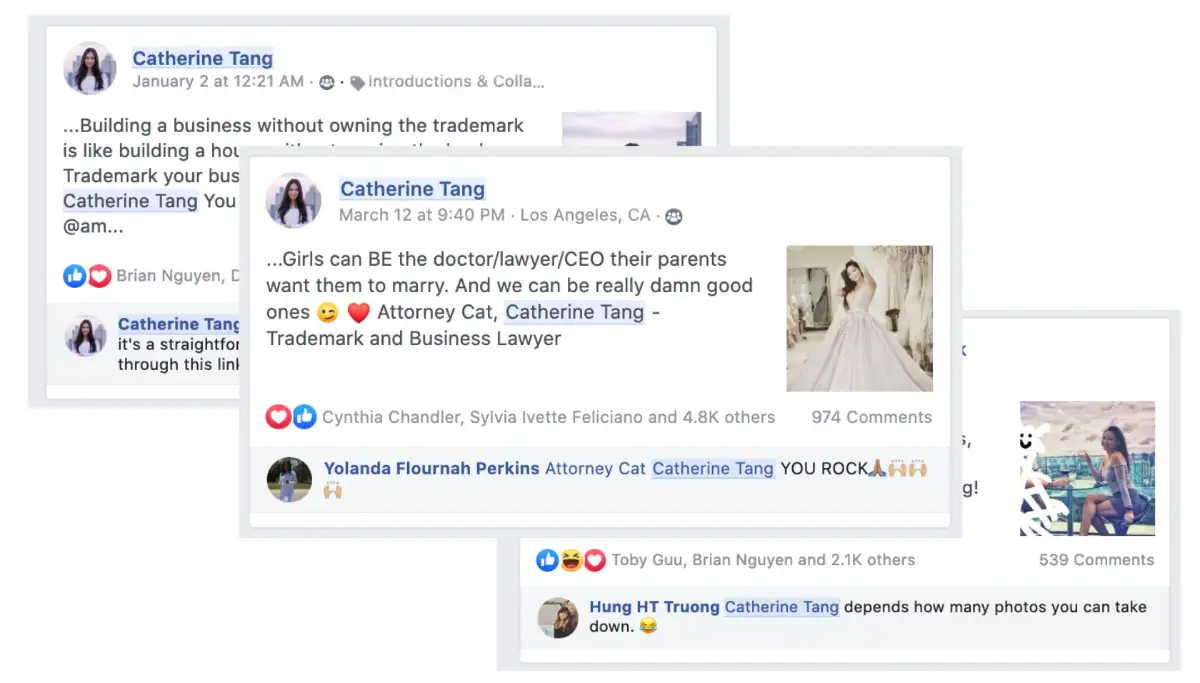 3 Facebook posts by Catherine Tang with several thousand likes.