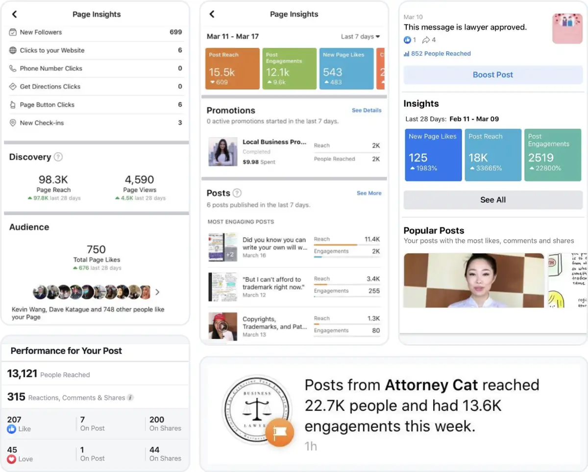 Several views of page insights and reporting for Catherine Tang's posts.
