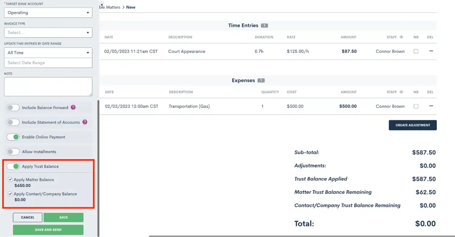 Apply Trust Balance When Creating Invoice