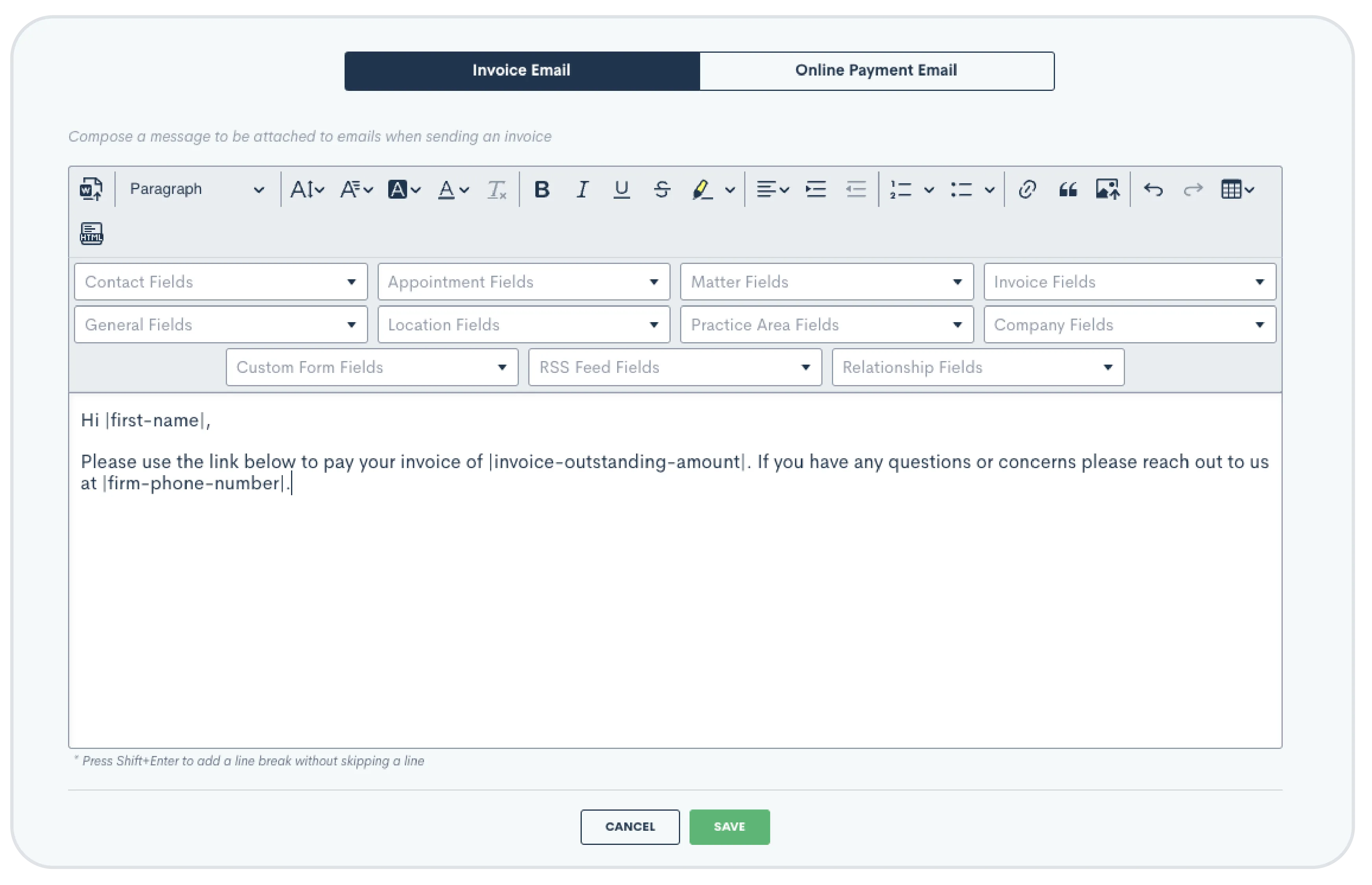 Create email templates for each invoice type